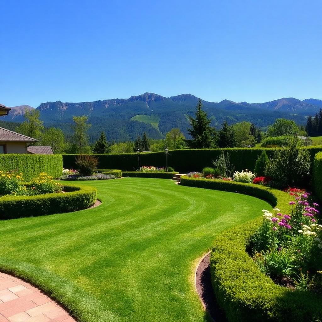 Gepflegter Garten mit frisch gemähtem Rasen und Blumenbeeten