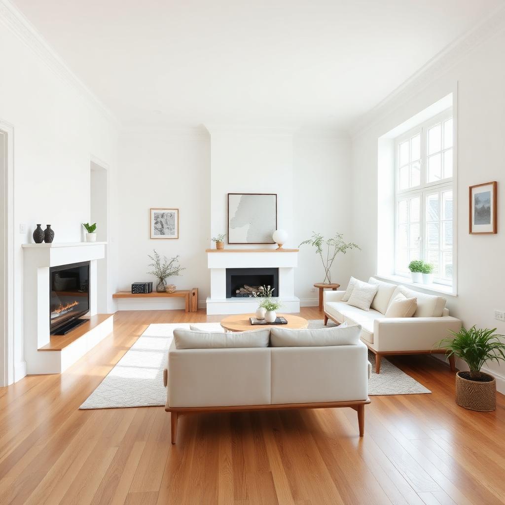 Frisch renoviertes, helles Wohnzimmer mit neu gestrichenen Wänden