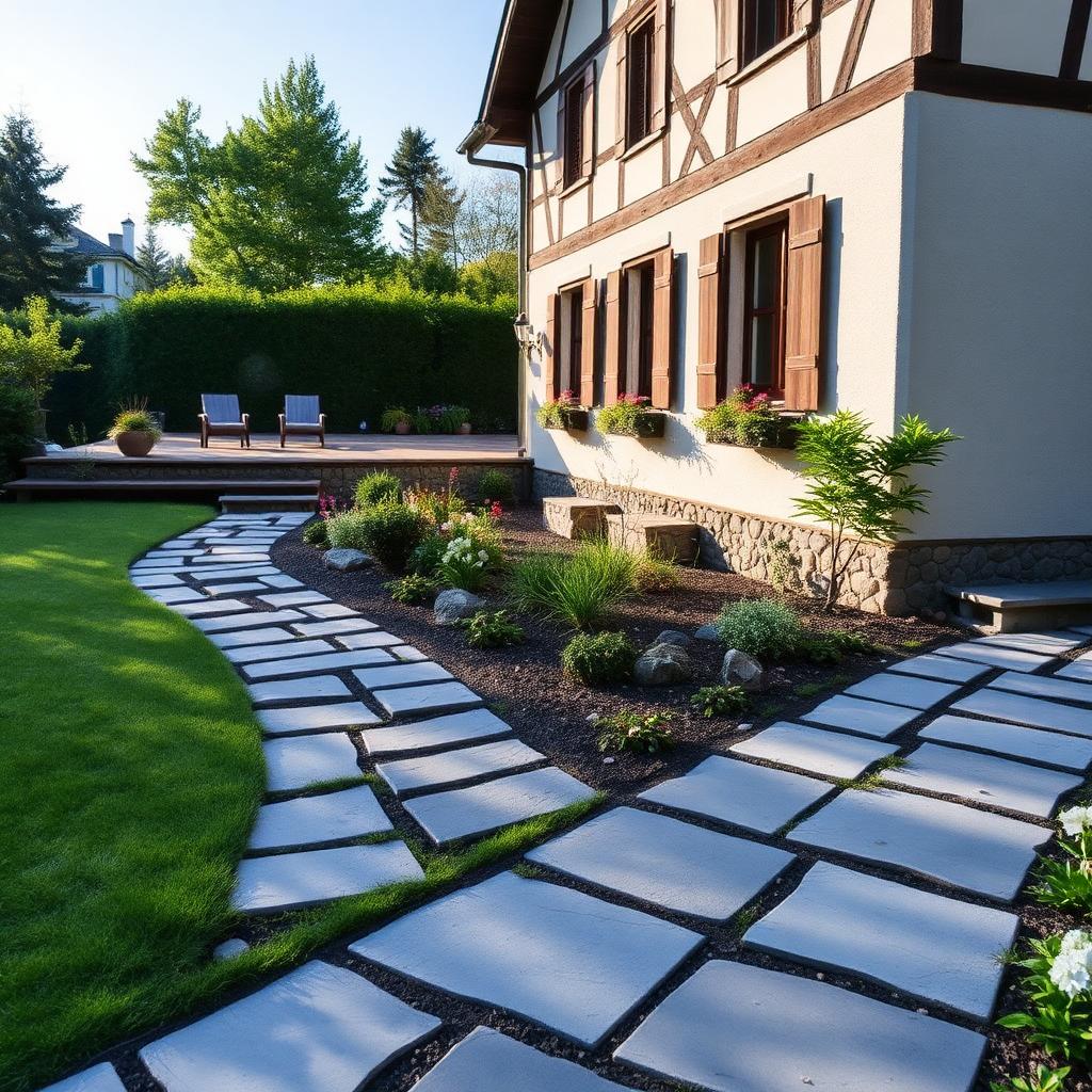 Neu angelegter Natursteinweg neben Terrasse und Beeten